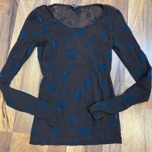 Karen Kane vintage brown sheer long sleeve top with blue floral embroidery